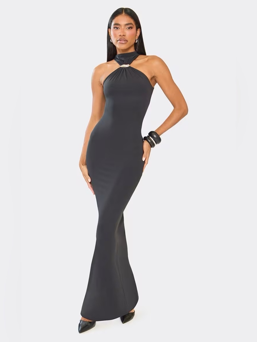 Ego High Neck Trim Detail Fitted Maxi Dress In Black Size 4